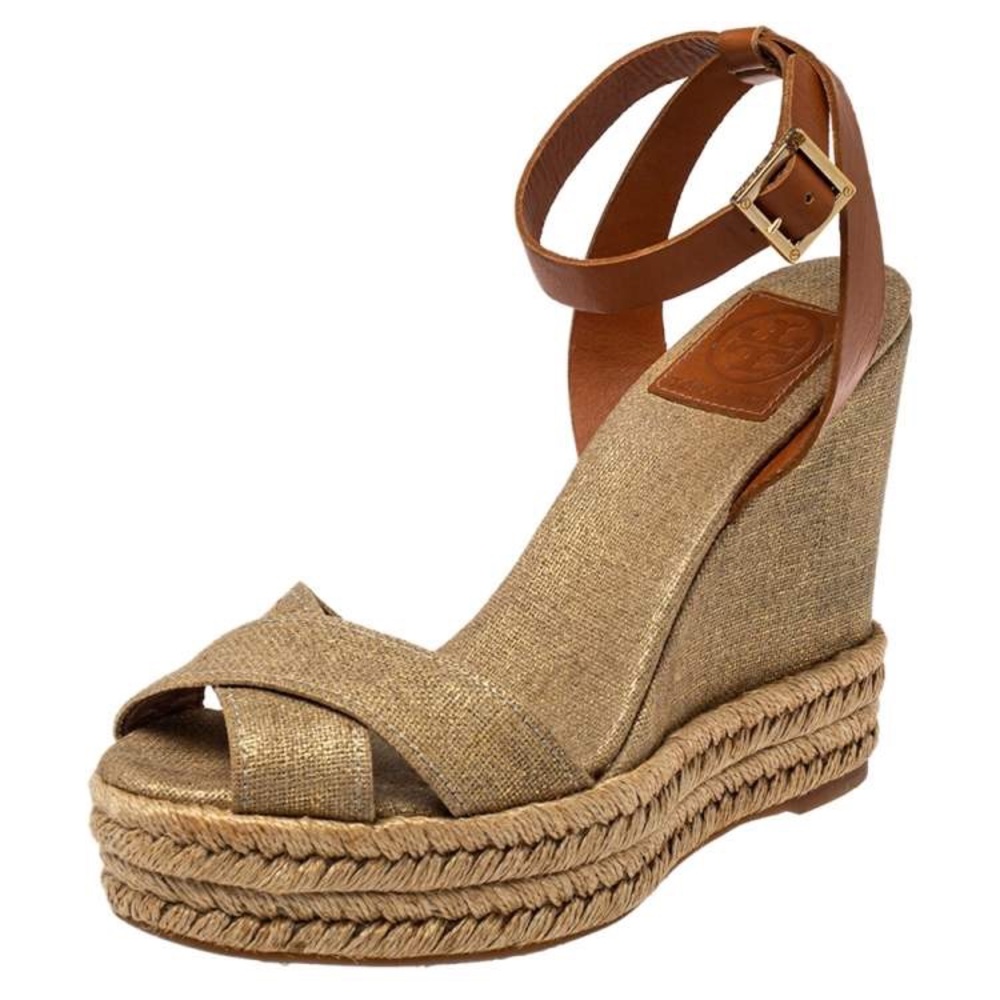 Tory Burch Gold Canvas Espadrille Wedge Sandals Size 7